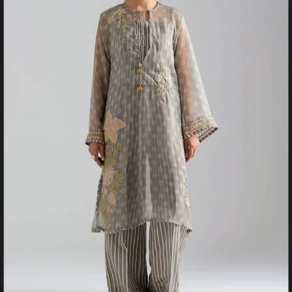 ETHNC Womens Dress  Kurta Tunic Longline With Pant Sage Green Embroidere… - Picture 2 of 9